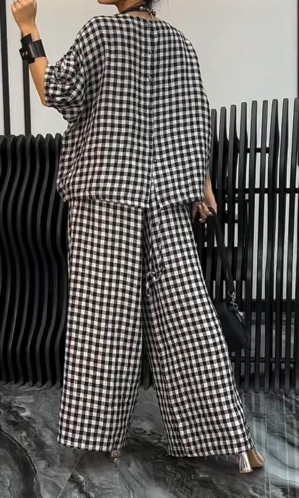 Women's Comfortable Plaid Top And Pants Two-Piece Set