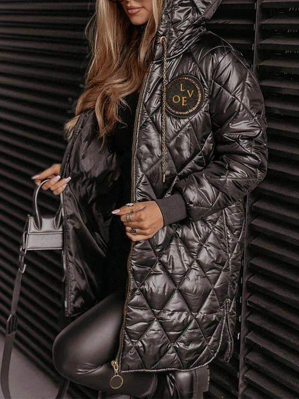 Women's Hooded Long-sleeved Diamond-patterned Casual Cotton Coat