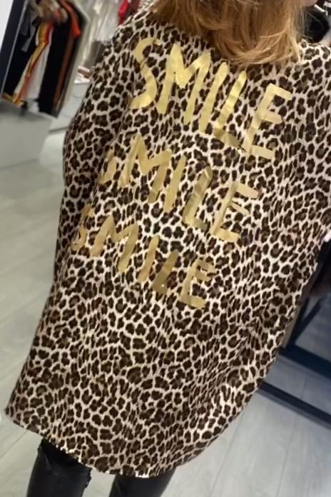 Women's Casual Leopard Print Lettering Gold-stamped Shirt