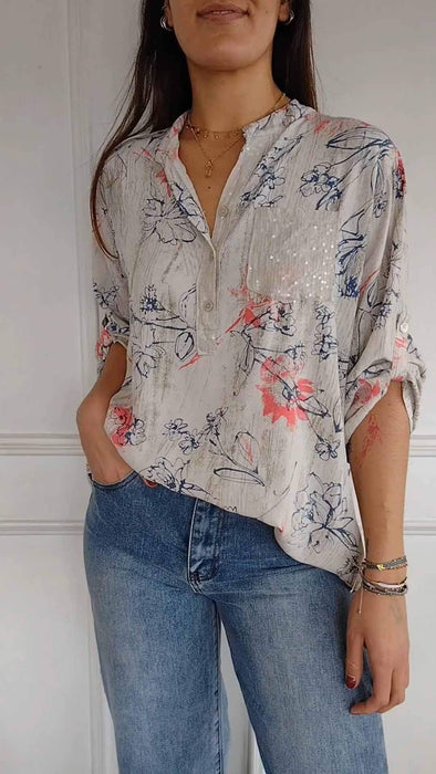 Women's V-neck Printed Sequined Top