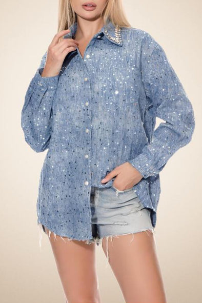 Women's Fashion Textured Fabric Sequined Denim Jacket