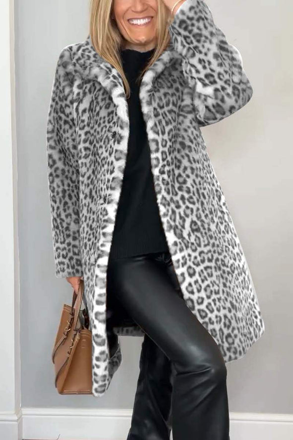 Women's Fashionable Leopard Lapel Faux Fur Winter Mid-Length Coat