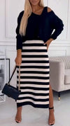 Women's V-neck Knitted Striped Casual Dress Suit