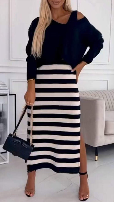 Women's V-neck Knitted Striped Casual Dress Suit