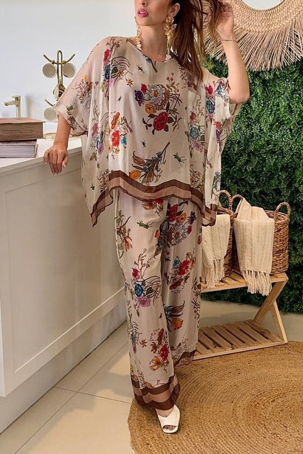 Women's Casual Round Neck Printed Chiffon Two-piece Suit