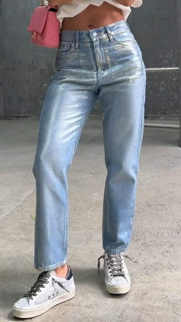 Women's Silver-stamped Casual Wide Straight Jeans