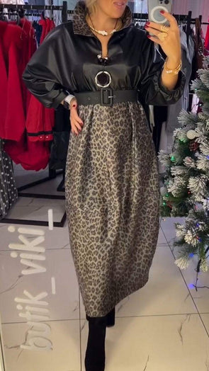 Women's Lapel Leopard Print Casual Dress