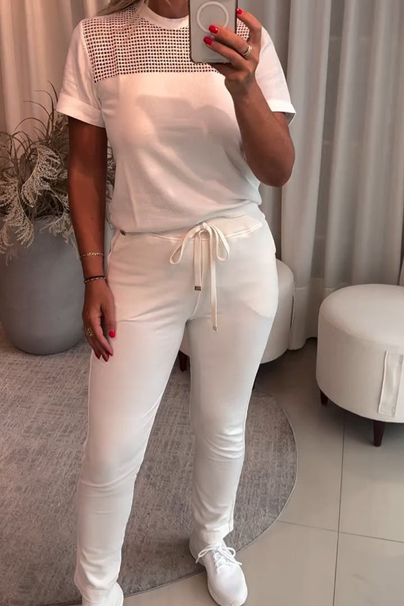 Women's Casual Round Neck Cutout Top And Sweatpants Suit