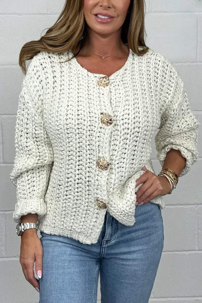 Women's Chunky Knit Gold Button Cardigan