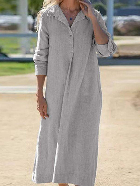 Women's Cotton Lapel Long Sleeve Long Shirt Dress