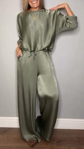 Women's Round Neck Satin Top + Trousers Casual Suit