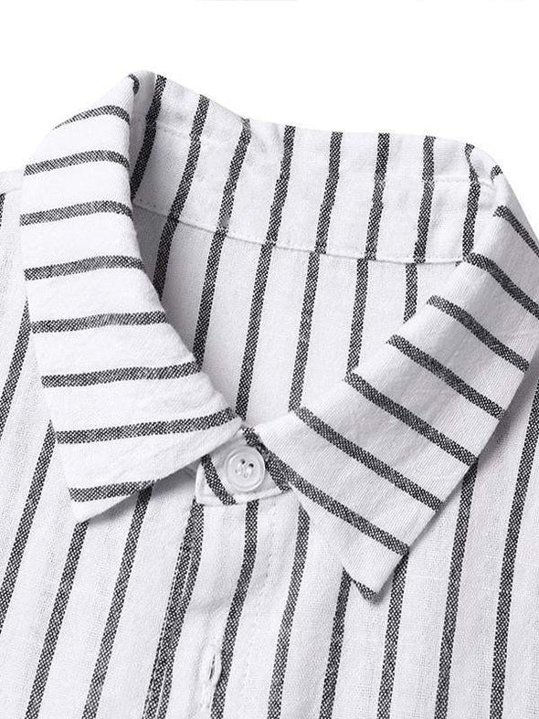 Women's Striped Cotton Linen Polo Collar Long-sleeved Shirt Dress