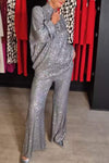 Women's Spring and Fall V-neck Top and Pants Sequined Suit