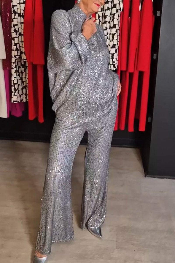 Women's Spring and Fall V-neck Top and Pants Sequined Suit