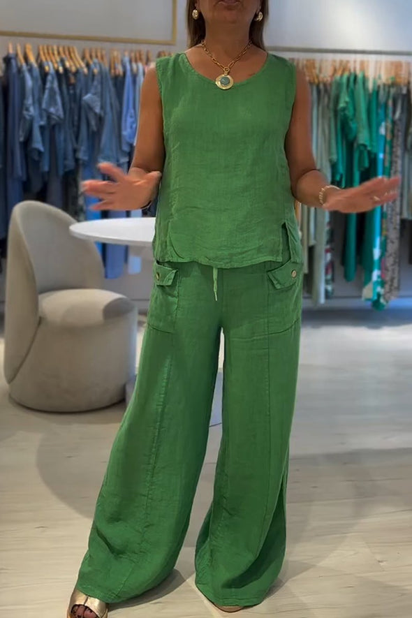 Women's Casual Round Neck Sleeveless Top And Wide Leg Pants Suit