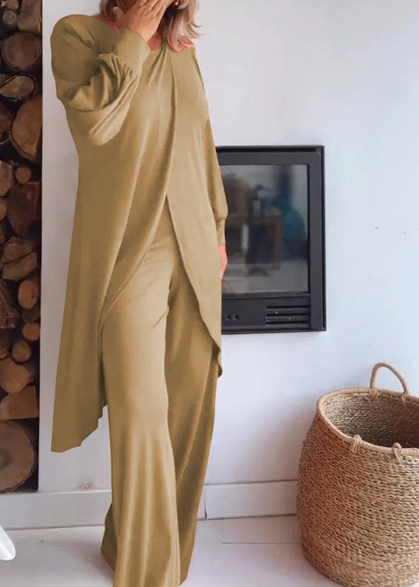 Round Neck Long Cardigan and Trousers Suit