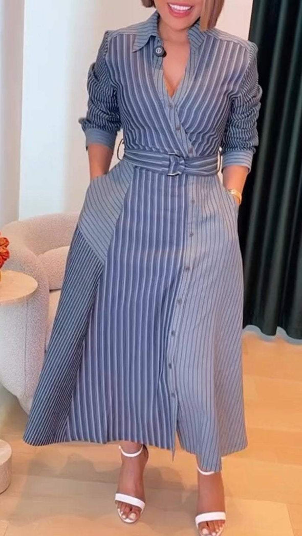 Women's Lapel Striped Patchwork Button Tie Dress