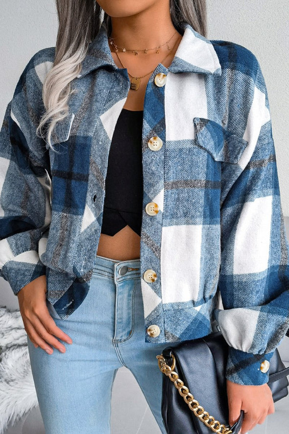 Women's Fashion Plaid Lantern Long Sleeve Woolen Coat