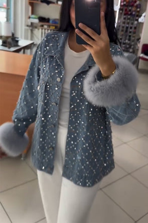 Women's Super Cool Rhinestone Fur Cuff Button Denim Jacket