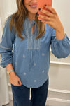 Women's Casual V-neck Imitation Denim Jacquard Top