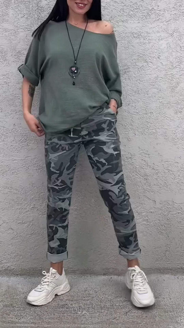 Women's Round Neck Top + Camouflage Pants Set