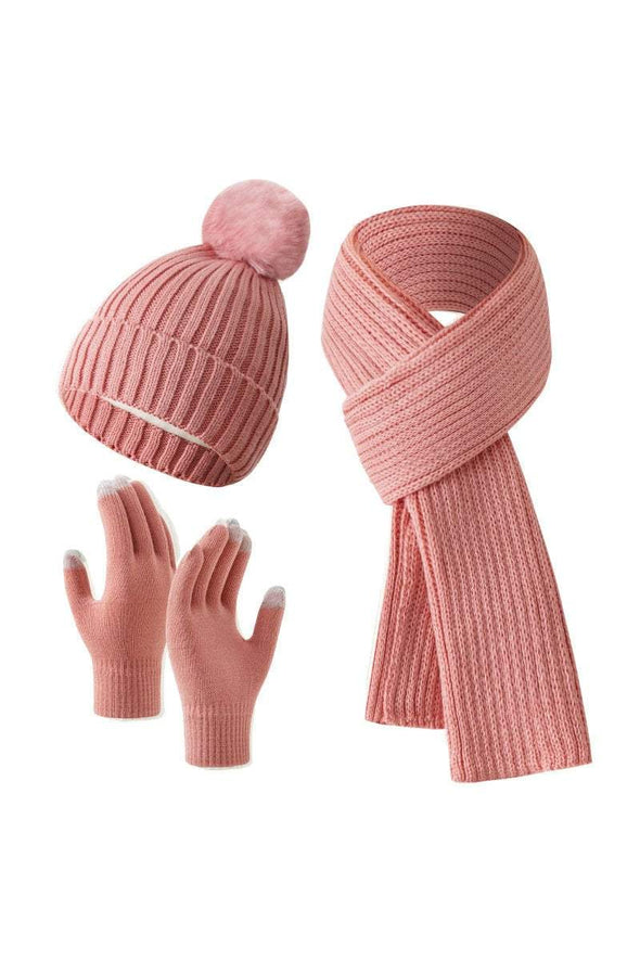 Knitted Hat, Double-layer Fleece Warm Wool Scarf, Gloves, Three-piece Set