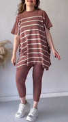 Women's Round Neck Short Sleeve Striped Two Piece Set