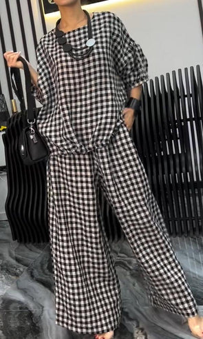 Women's Comfortable Plaid Top And Pants Two-Piece Set