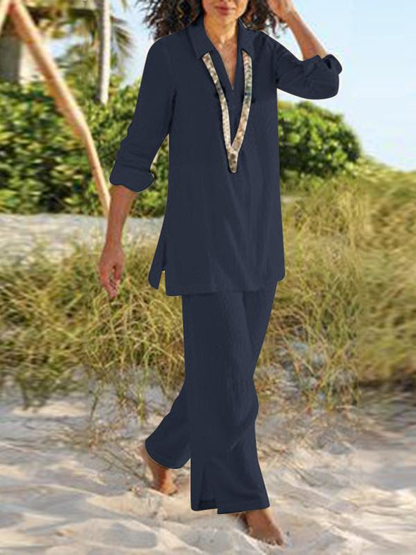 Plus-size Women's Solid Color Cotton Hemp Casual Long-sleeved Loose Suit