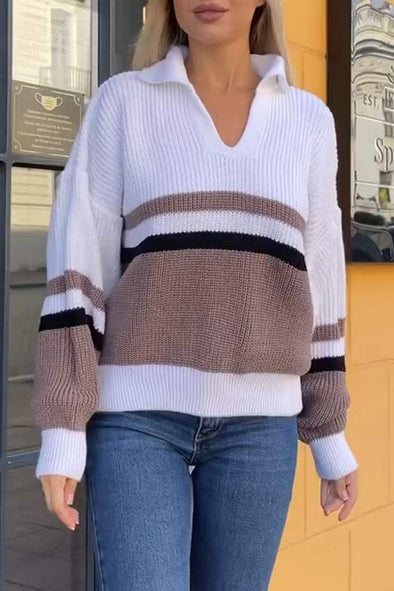 Women's Casual Colorblocked V-Neck Lapel Sweater