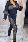 Women's Solid Color Casual Leopard Print Stitching Two-piece Set