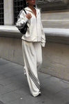 Women's Casual Fashion Hooded Jacket with Contrasting Twill Wide-leg Pants Two-piece Suit