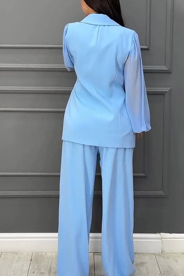 Women's Casual Lapel Chiffon Puff Sleeve Stitching Two-piece Suit