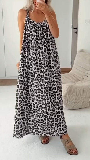 Women's Round Neck Sleeveless Casual Leopard Print Dress