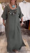Women's Round Neck Mid-sleeve Cotton and Linen Dress