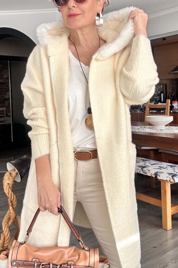 Women's casual loose fur collar knitted mid-length coat