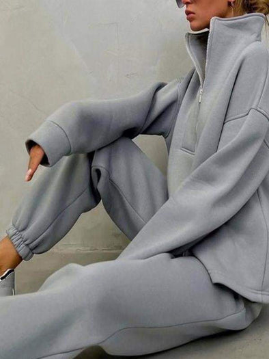 Women's long-sleeved stand-up collar zipper sportswear casual two-piece set