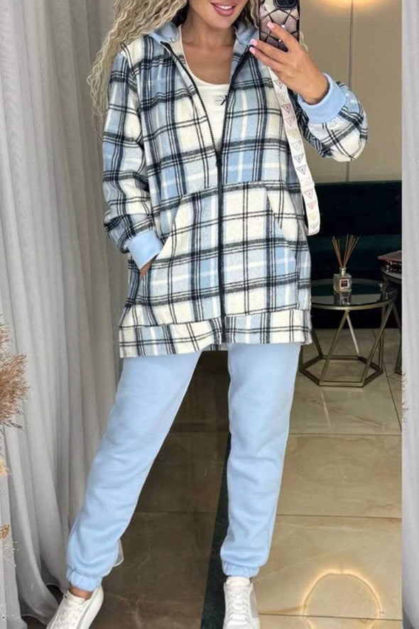 Women's Casual Plaid Print Long-sleeved Sweatshirt Two-piece Set