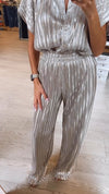 Women's Elegant Accordion Pleated Metallic Coated Button Shirt & Elegant Accordion Pleated Metallic Coated Stretch Pants