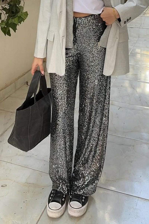 Women's Fashion Casual Sequin Shiny Wide Leg Pants