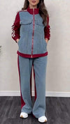 Women's Round Neck Zipper Denim Patchwork Casual Suit