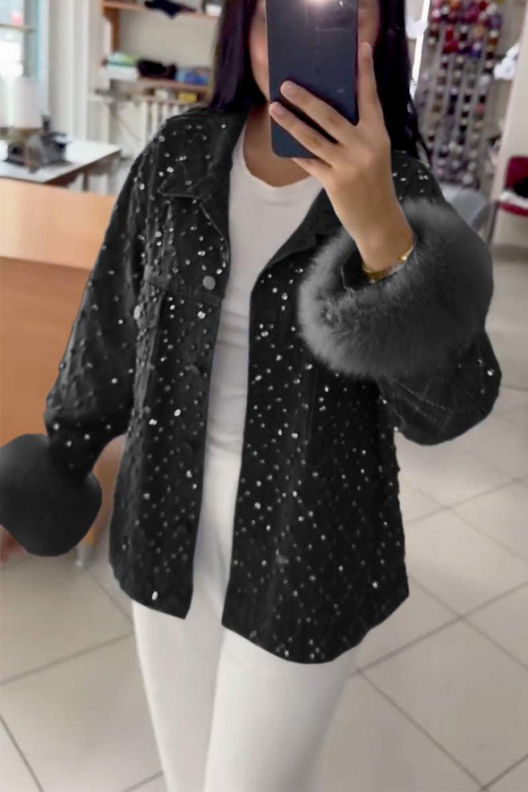 Women's Super Cool Rhinestone Fur Cuff Button Denim Jacket