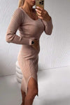 Women's Round Neck Long Sleeve Ribbed Slit Slim Fit Dress Suit