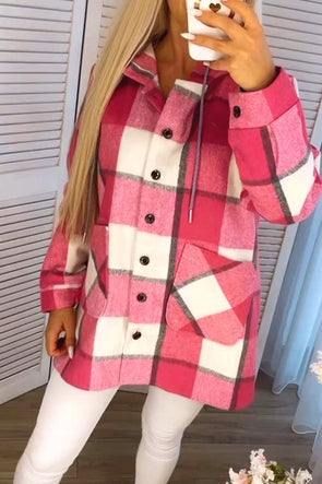 Women's Loose Plaid Color Block Hooded Jacket