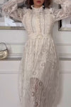 Women's elegant ruffled decorative stand collar lace dress