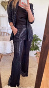 Women's Sequined Lapel Top + Trousers Set