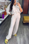 Women's Casual Lapel Solid Color Cotton and Linen Two-piece Suit