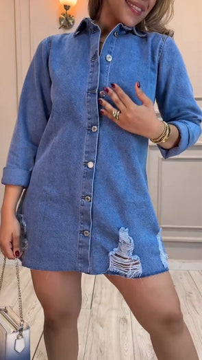 Women's Lapel Long Sleeve Casual Denim Skirt