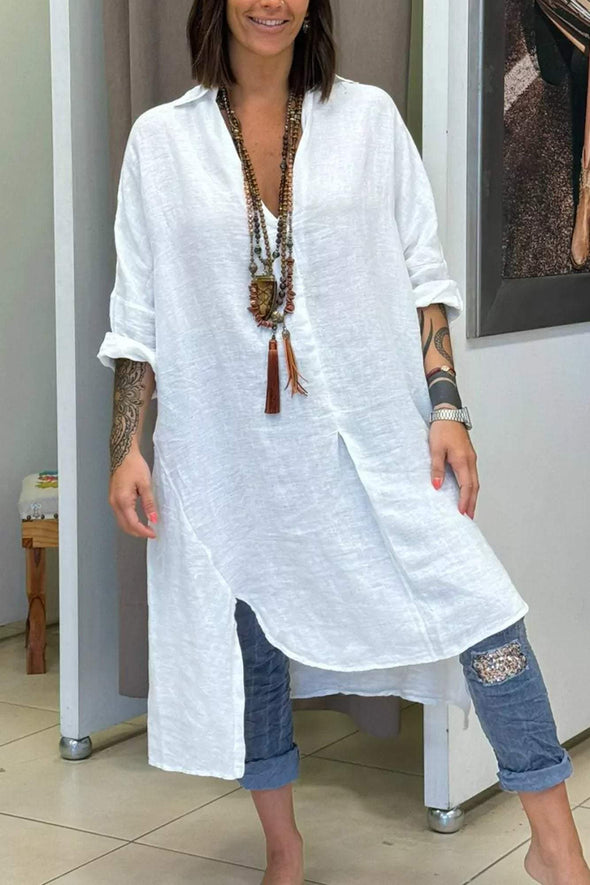 Women's Casual Solid Color V-neck Irregular Hem Long Shirt