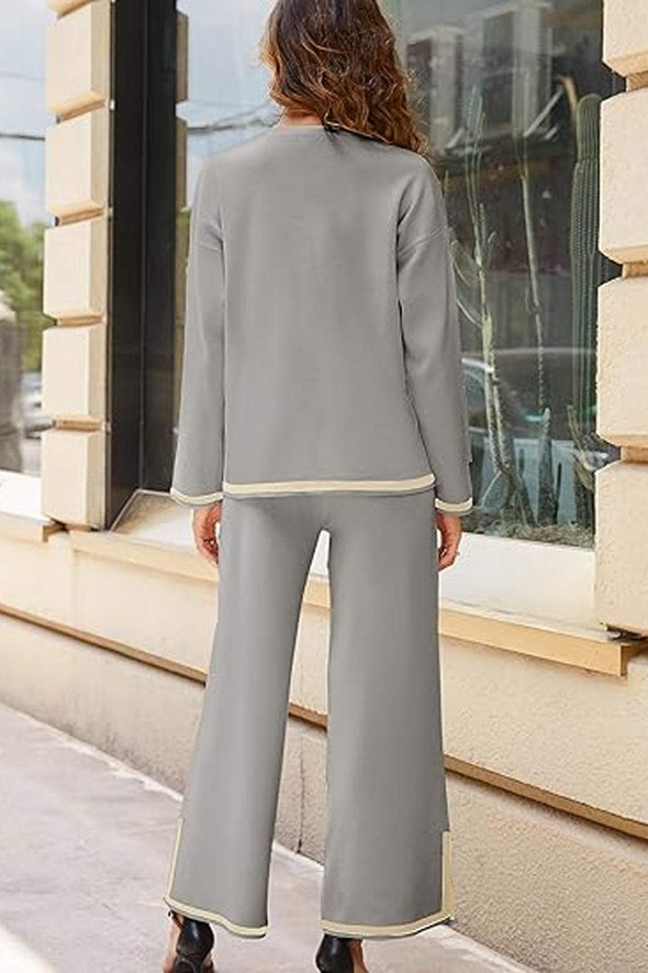 Women's Casual Long Sleeve Knit Top Wide Leg Pants Two-Piece Outfit